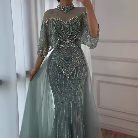 Luxury Gray Dubai Arabic Beaded Evening Dress with Overskirt for Formal Occasion Wasisi Customized ELA73129
