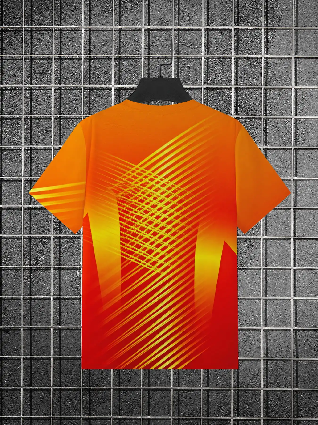 Men Quick Dry T-shirt High Elastic Orange Red Gradient Crisscross Line Print Short Sleeve Breathable Crew Neck Tee