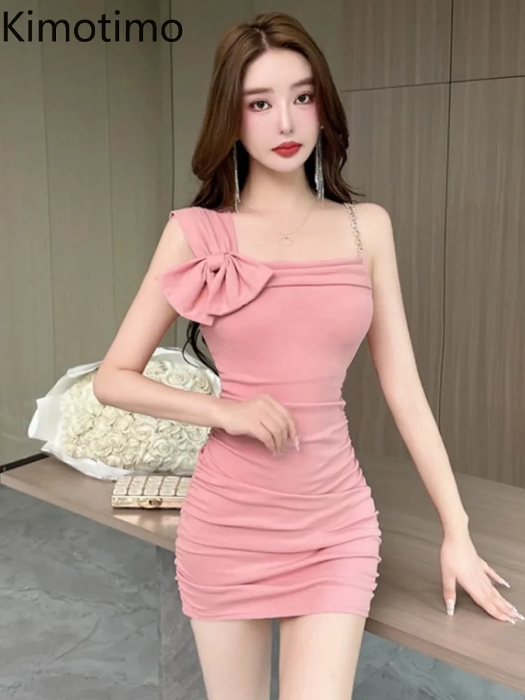 Kimotimo Bow Off Shoulder Sexy Party Dress Women French Temperament Sleeveless Waist Slim Fit Wrapped Mini Dresses Summer Y2k