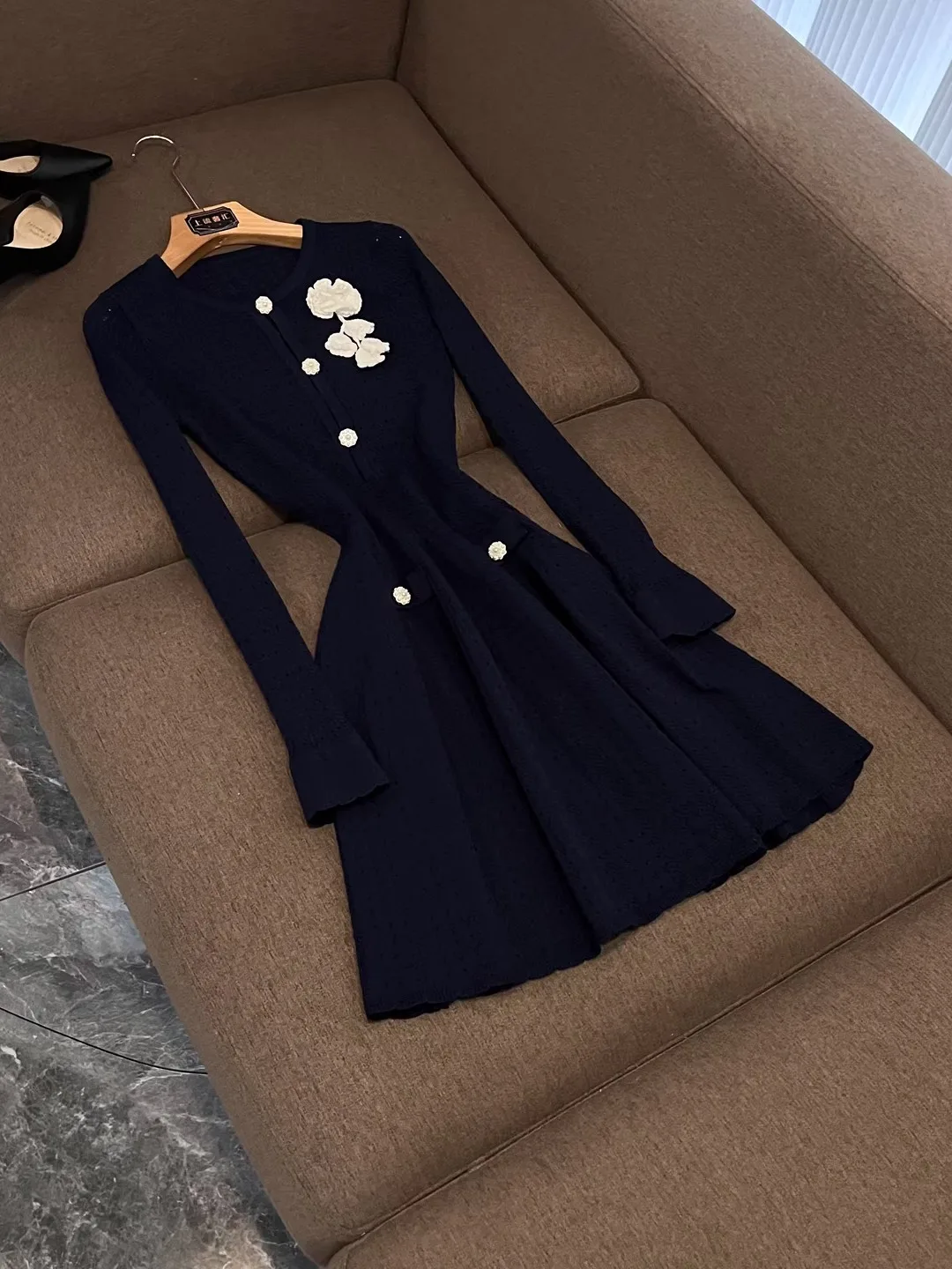 

Slimming Knitted round Ne Dr Women's Faionable Winter New Sle Ci Commute High Waist A-Line Skirt Long Sve D26