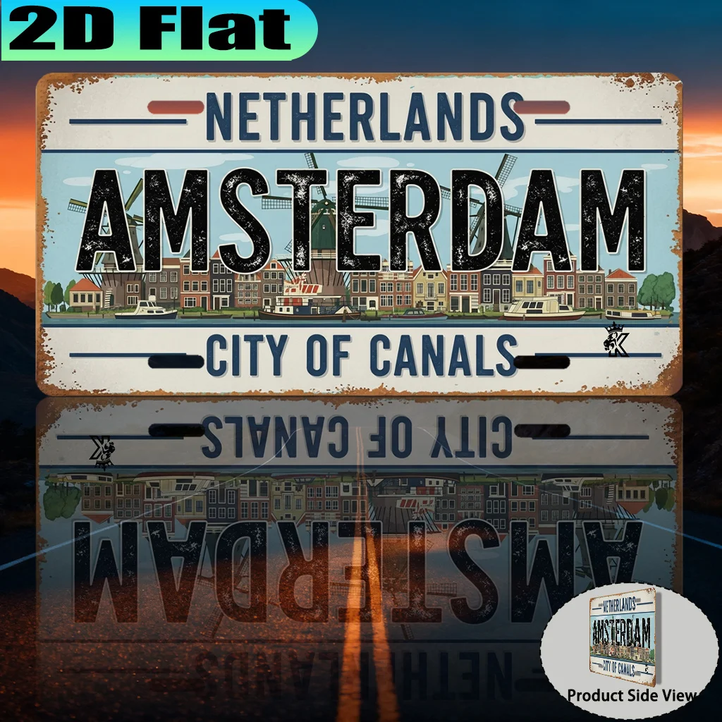 2D Flat, [2D Flat] 2D Flat Print, 1pc, Amsterdam Canal City Vintage Aluminum Sign License Plate 30.48x15.24 cm, Vintage Urban St