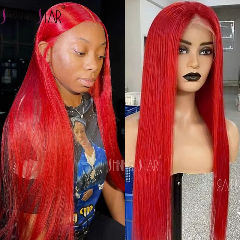 Red Straight Lace Frontal Wig Pre Plucked 13X6 13X4 Transparent Lace Front Human Hair Wigs For Women Burgundy Color 180% Density