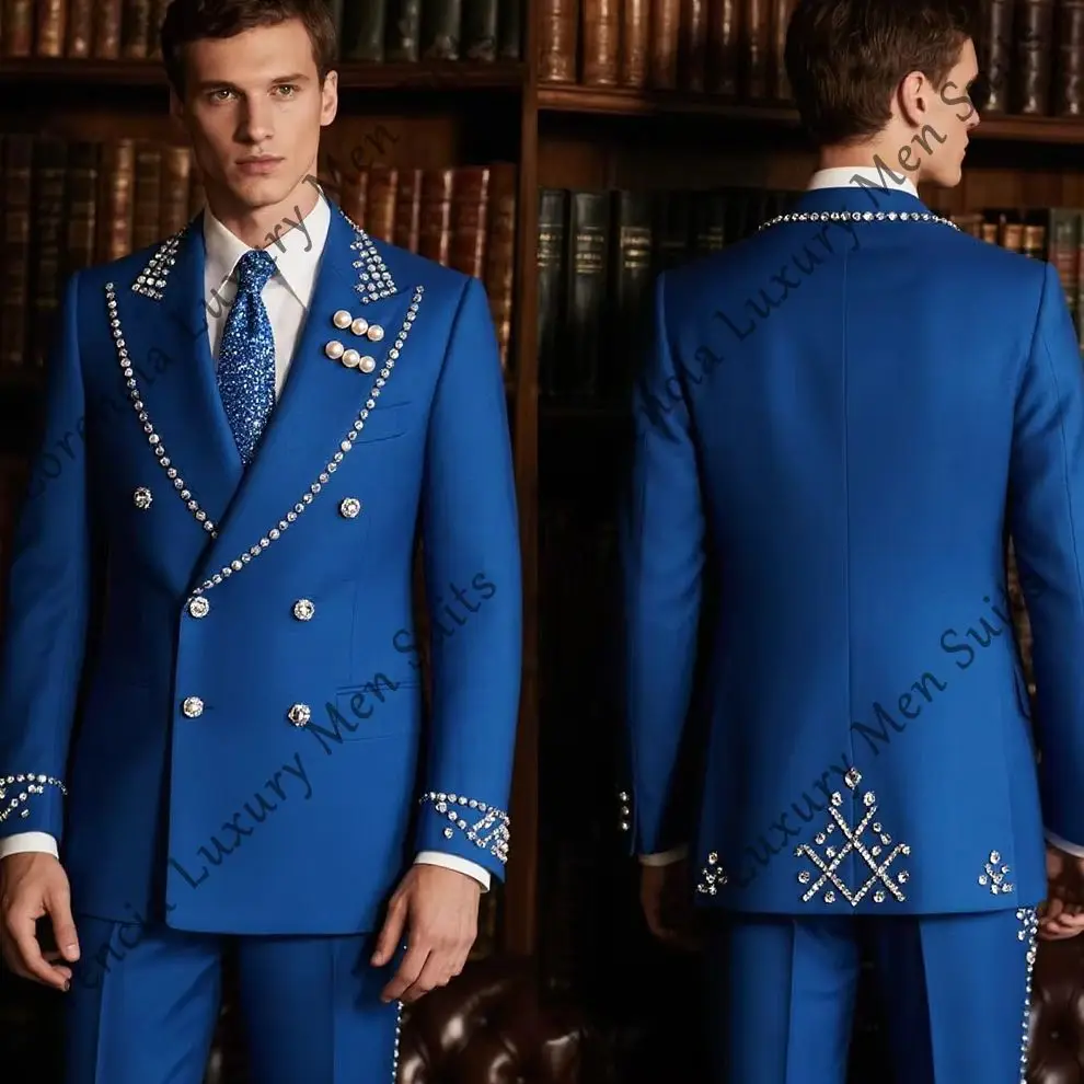 Glitter Crystal Men Suits 2 Pieces Sets Pearls Double Breasted Tuxedos Groom Outfits Customized Blazer Pants trajes para hombre