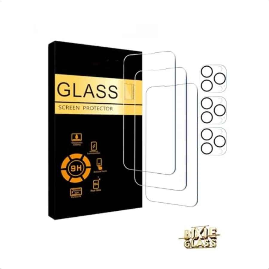 Pellicola salvaschermo in vetro temperato per iPhone 14 Pro da 3 pezzi + protezione per obiettivo fotocamera da 3 pezzi