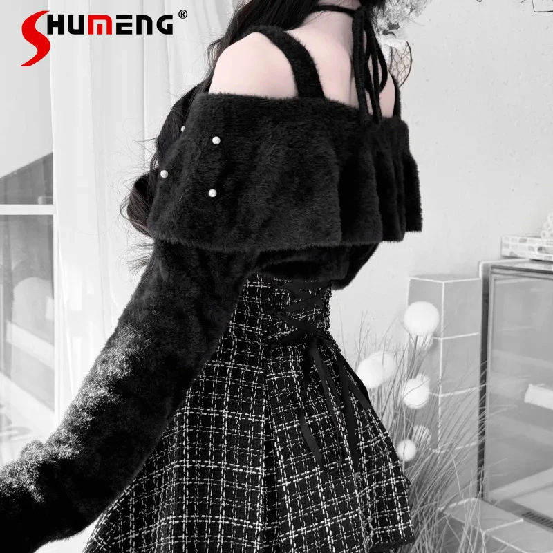 

Autumn Winter New Lolita Bow Collar Mink Velvet Off-Shoulder Tie Sweater Japanese Style Rojita Clear Mine Series Knitwear Coat