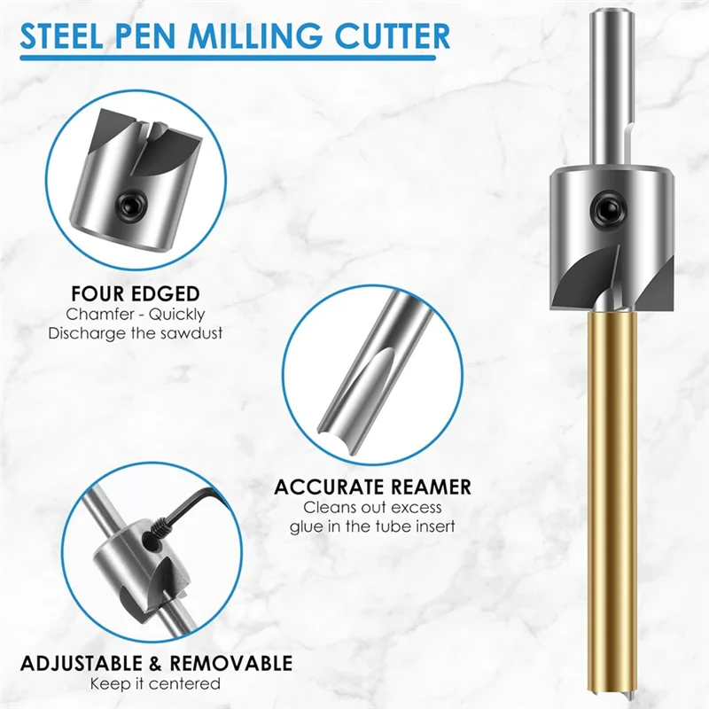 

MAKE-Set Of 8 Barrel Trimmer Kit High Speed Steel Pen Mill Trimmer Mill Trimmer Cutter With 3/4Inch Cutting Head Woodworking To