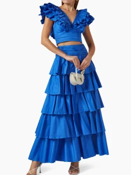 Im Sommer 2025, die neue luxuriöse Rüschenbluse mit V-Ausschnitt + hoch taillierter Kuchen-A-förmiger Rock, modischer zweiteiliger Damenanzug.