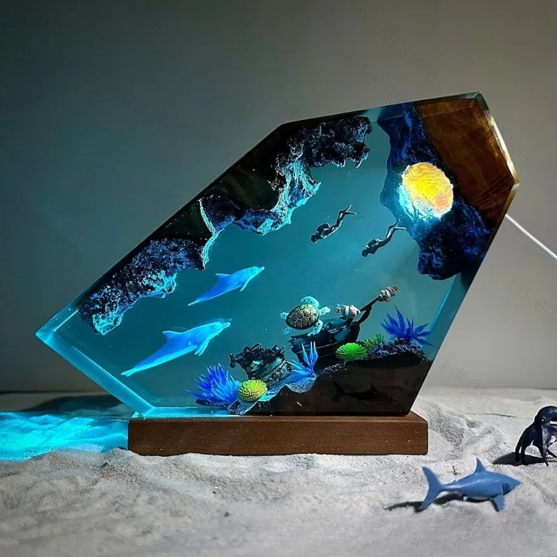 Dolphin and Turtle Resin Night Light Couple Divers Explore Underwater World Unique Decorative Christmas Gifts