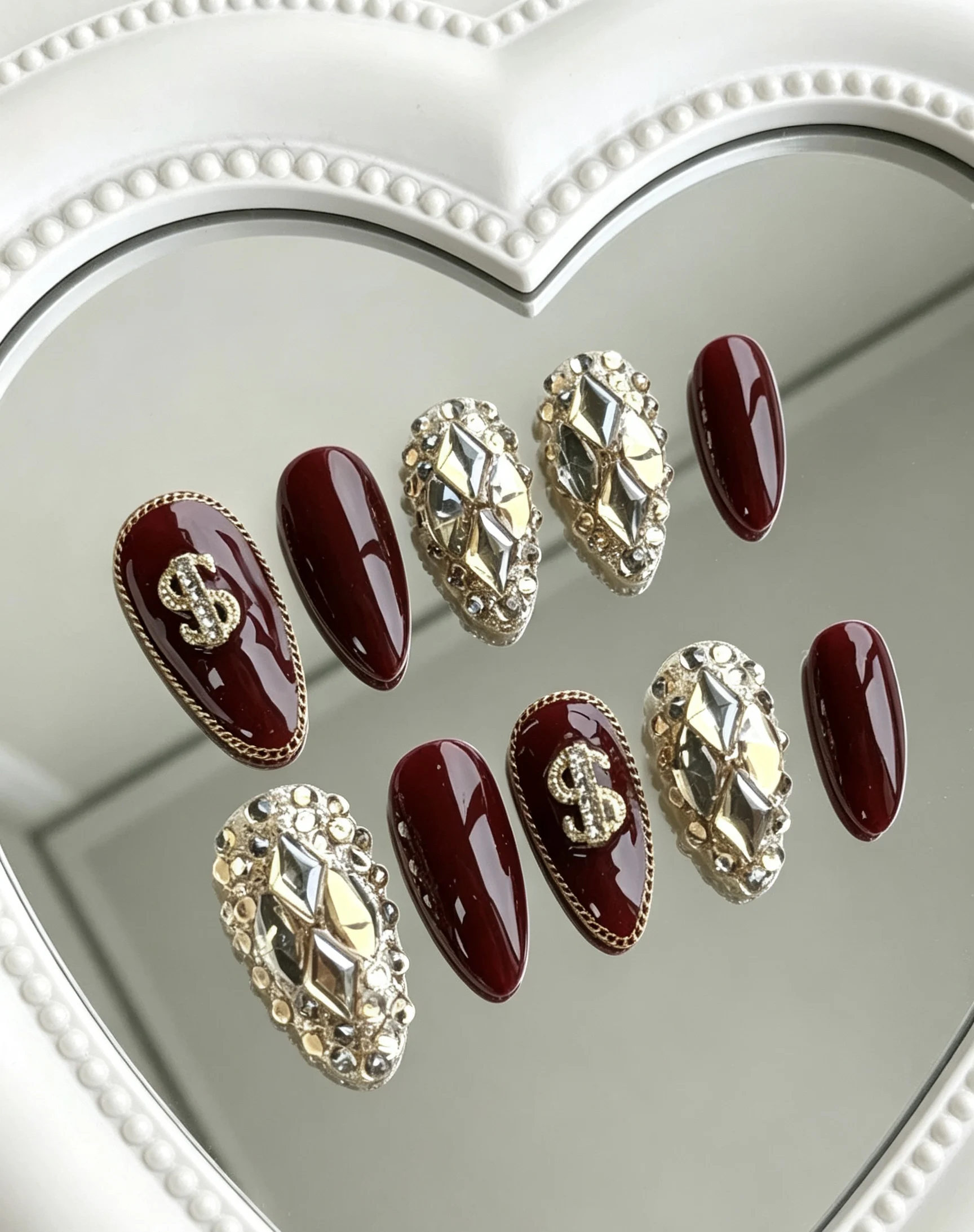 10-Piece Set of Burgundy Luxury Almond-Shaped Press-On Nails, with Diamond-Shaped Gold and Silver Embellishments + a Border of Crushed Diamonds, Fully Adorned with Diamonds, Sparkling and Luxurious, Eye-Catching