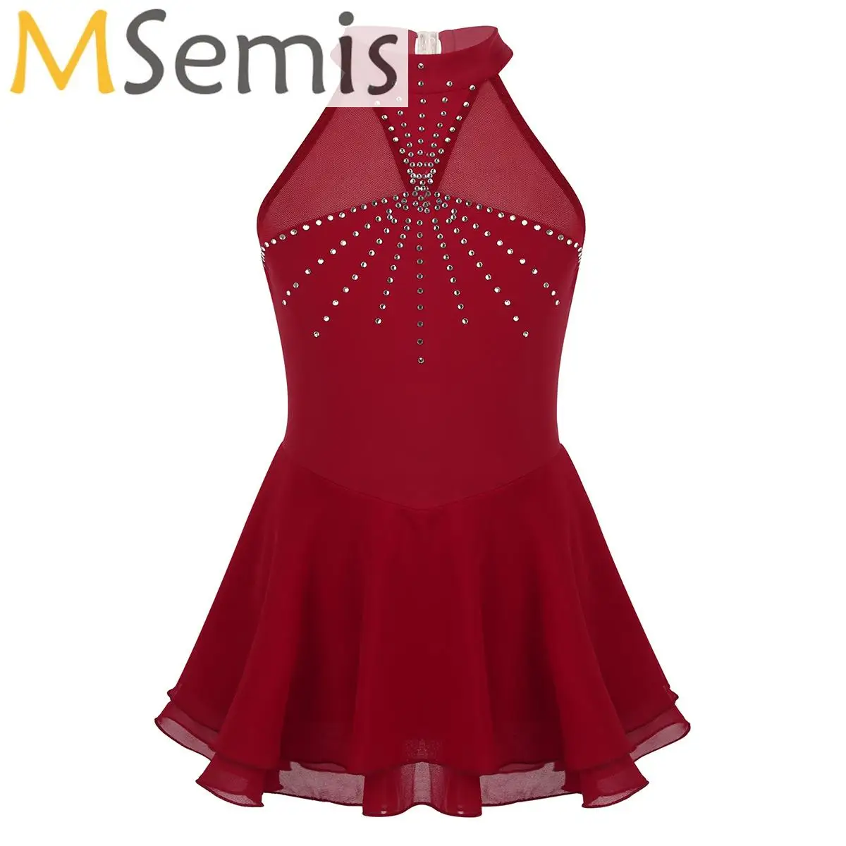 Rhinestone Ballet Gymnastics Leotard Dress Kids Girls Halter Figure Ice Skating Dress Ballroom Competition Costume Dancewear