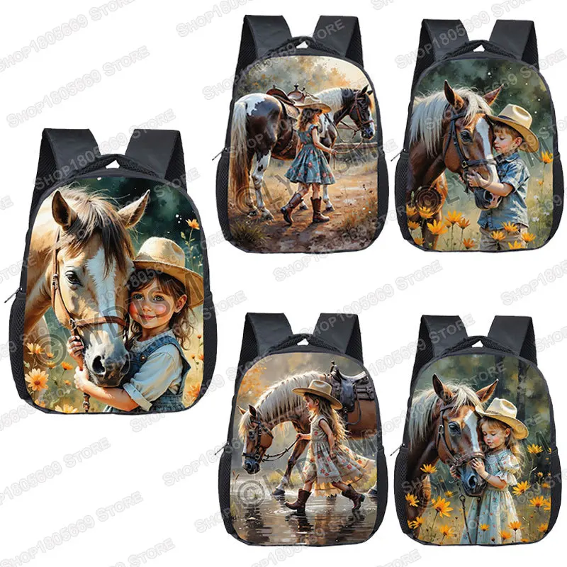 12 Inches Cute Girl Boys with Horse on The Farm Print Backpack for  2-4 Years Old Kindergarten Toddler School Bags Bookbag