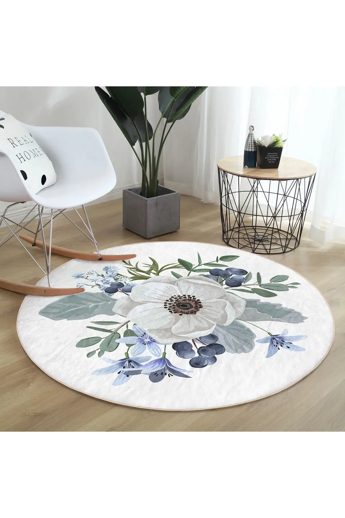 Dovi white rose design digital printed navy blue kitchen washable non-slip-based round carpet