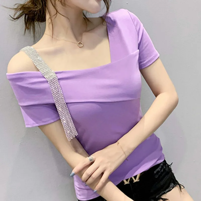 #5301 Summer Sexy Short Sleeve T Shirt Women Skew Collar Diamonds Skinny T Shirt For Girl Solid Color Tee Shirt Korean Fashion