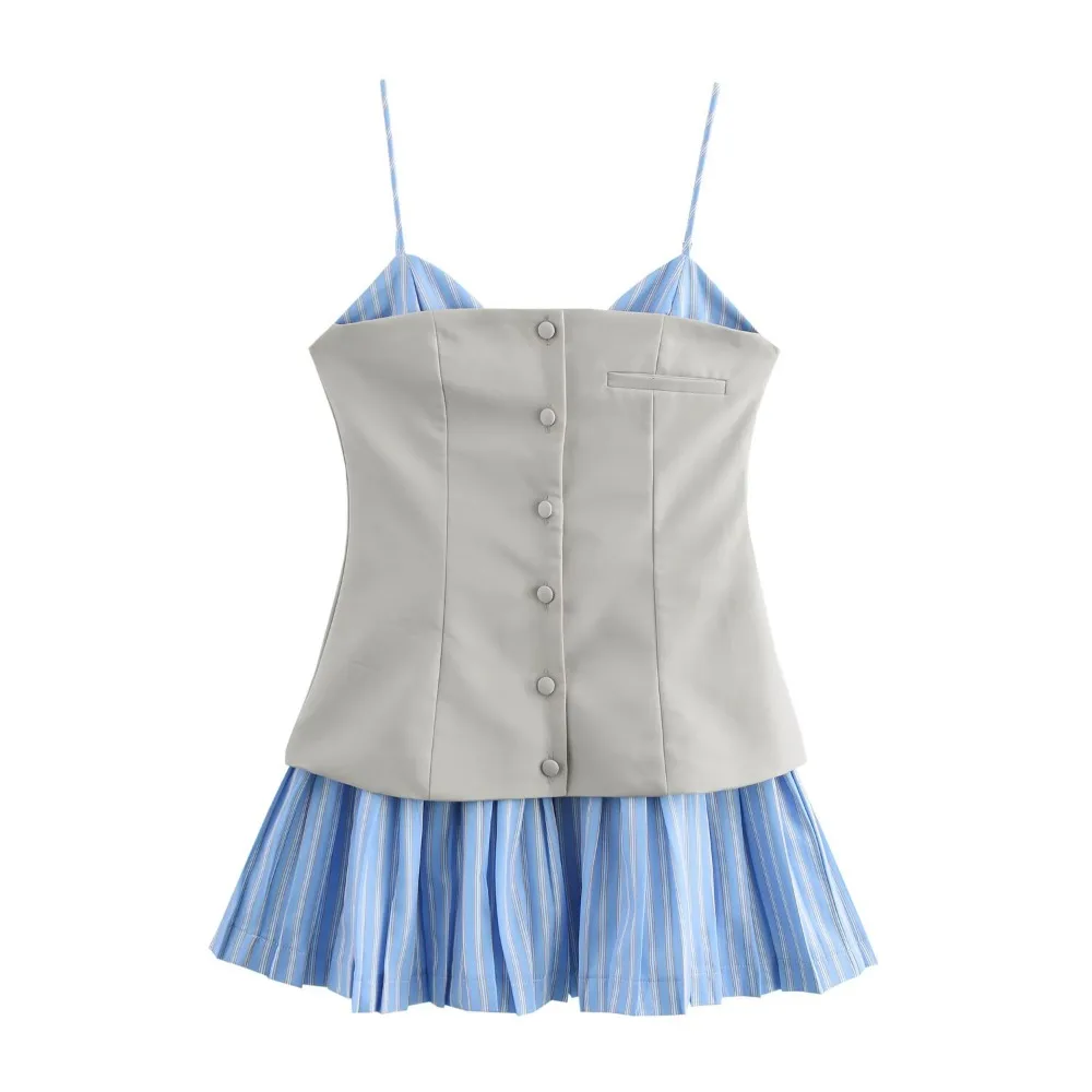 

Striped Sleeveless Dress Teenagers Adolescent Blue Color Suspenders Short Skirt Patchwork Wide Pleated Casual