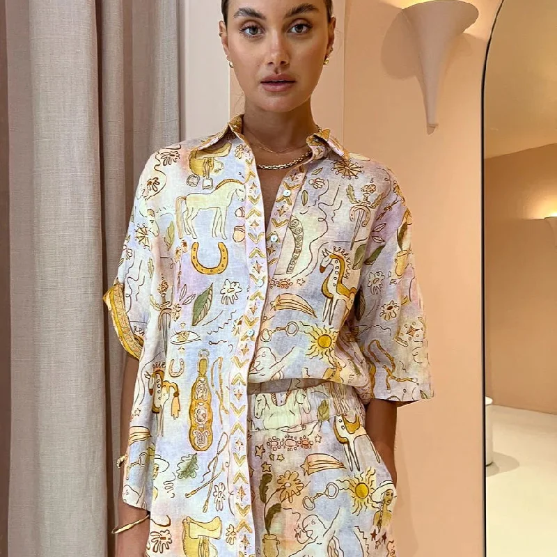 Women Printed Set Half Sleeves Buttons Shirt Blouse Top Pockets Loose Long Pants 2 Pieces Set Lady Spring Summer Casual Outfits