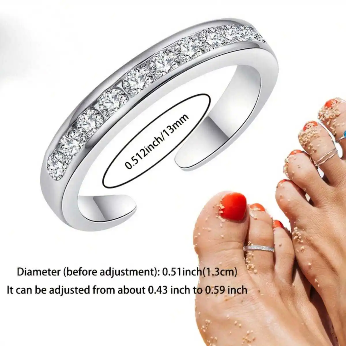 

Adjustable Stainless Steel Toe Ring With Crystal Accents, Wearable On Finger Or Foot, Beach Vacation Style