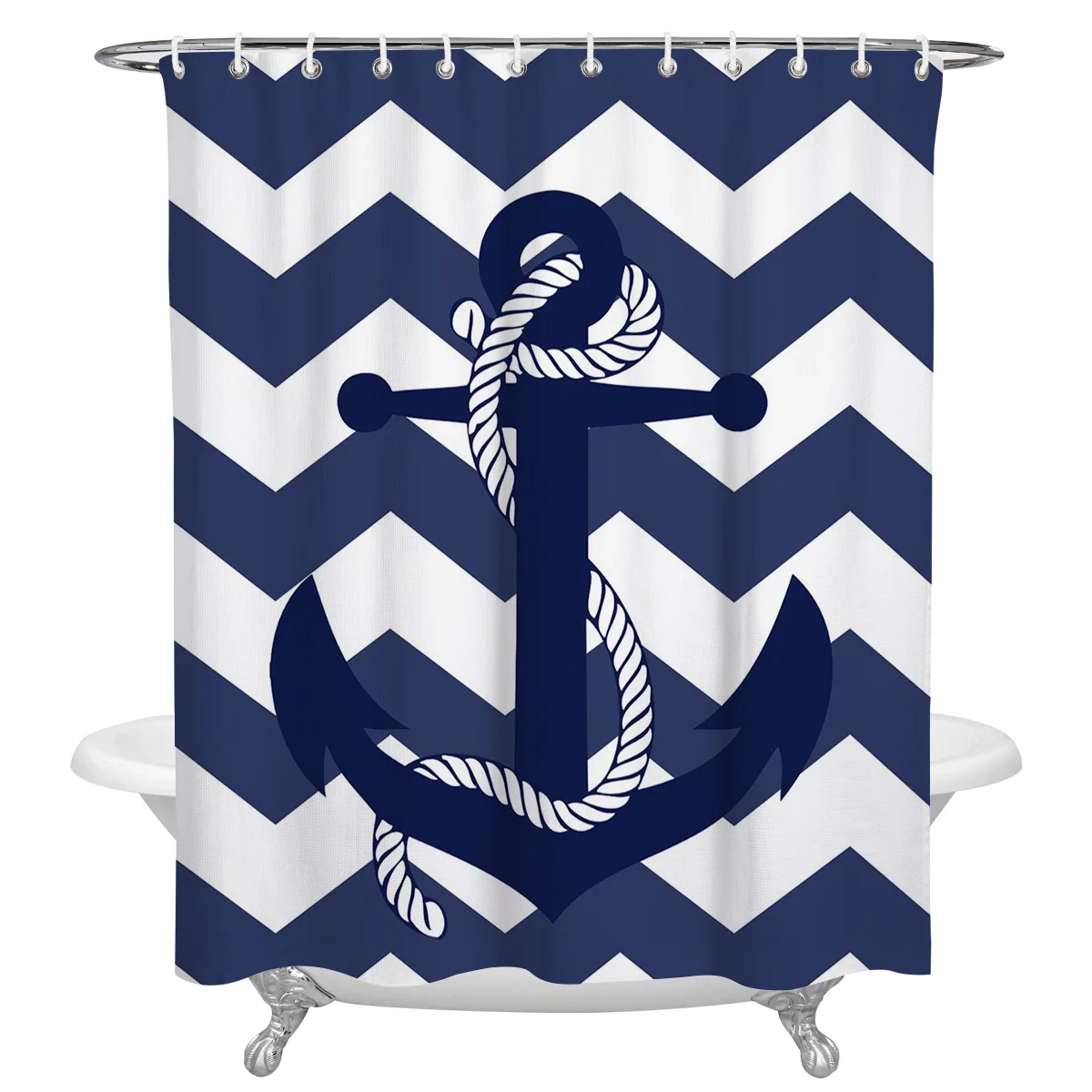 Anchor Navy Blue Ripple Waterproof Bathroom Decoration Shower Curtain With Hook Printed Bathtub Curtains Bathroom Accessories