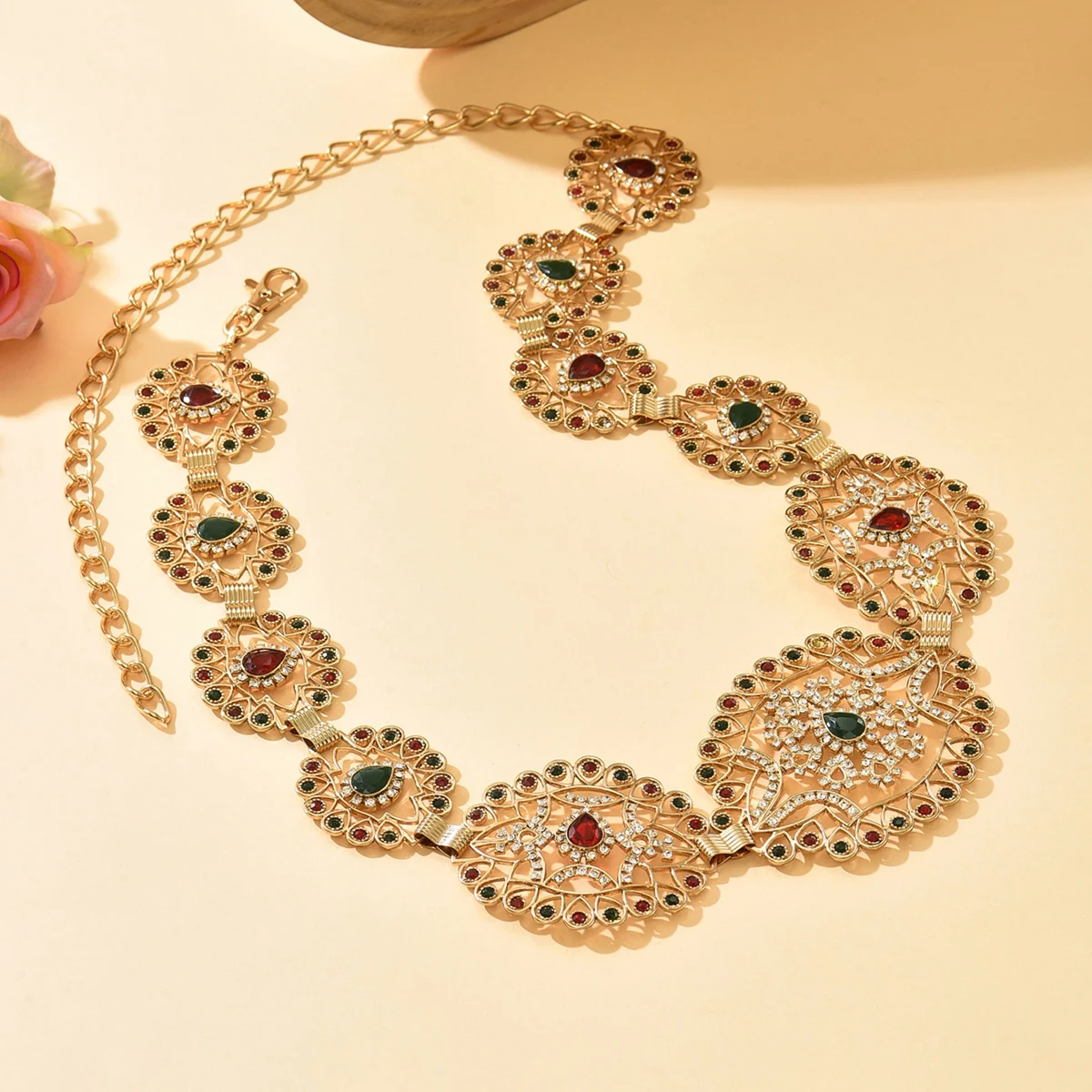 

Indian Bridal Gem-Embellished Belt-Wedding Accessory With Intricate Filigree Design And Colorful Stone For Elegant Bridal Attire