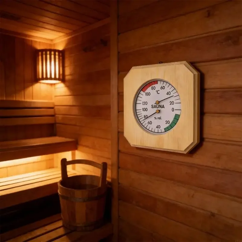 Elegant Pine Temperature & Humidity Monitor Steambath Thermograph for Home Sauna & Commercial Spa Facilities