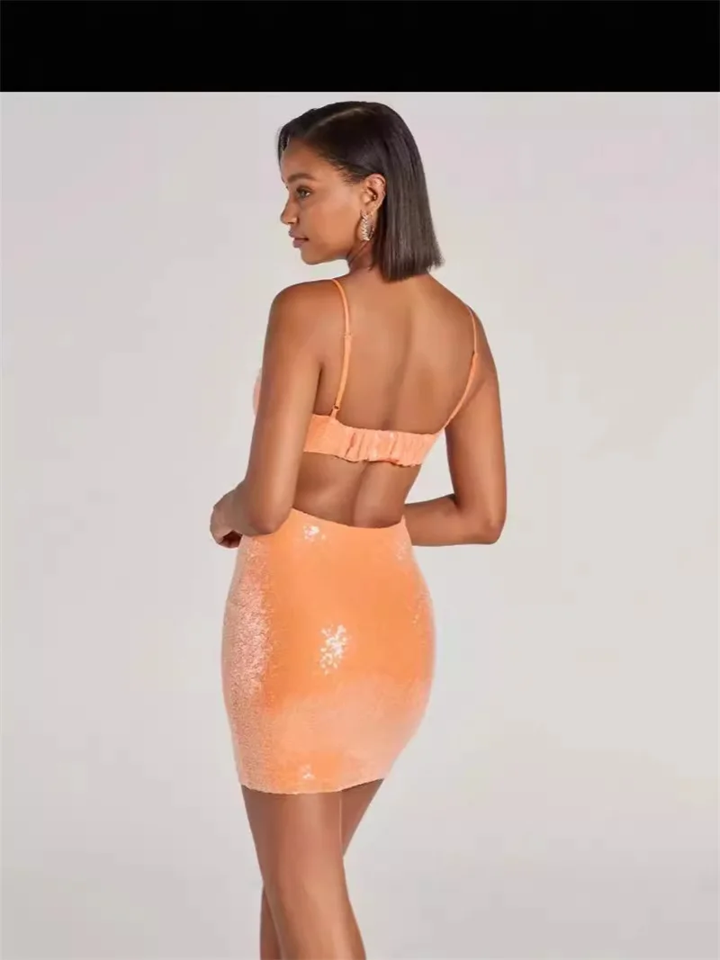 Orange Sequins Evening Dress Sexy Strap Sleeveless Holiday Formal Casual Short Mini Prom Party Dress Robe De Mariée In Stock