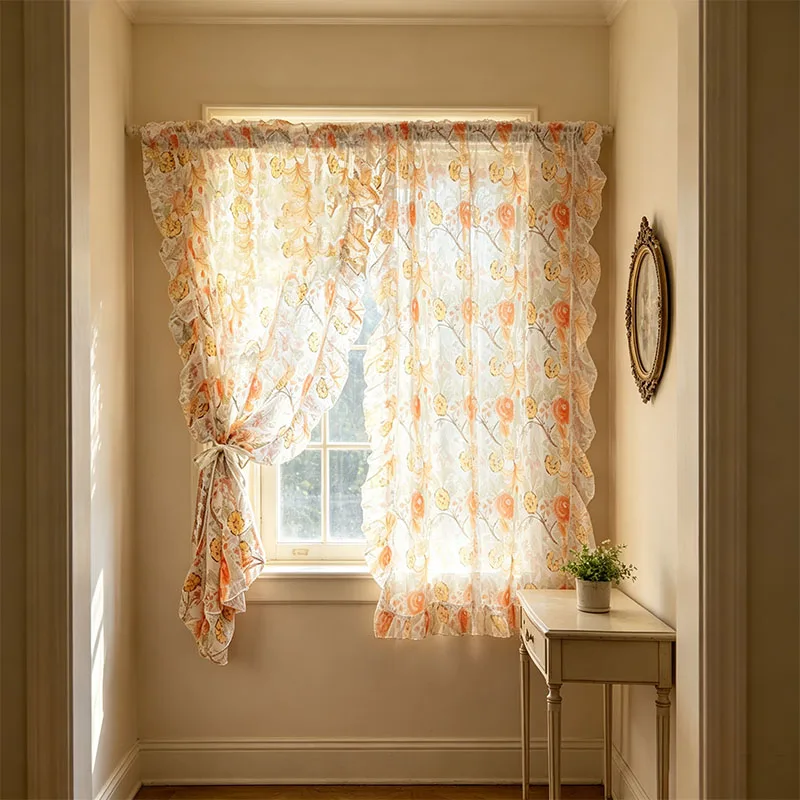 1pc Soft Orange Peony Printed Terylene Window Curtain, Ruffled Edge Long Light Transparent Rod Pocket Sheer Curtain