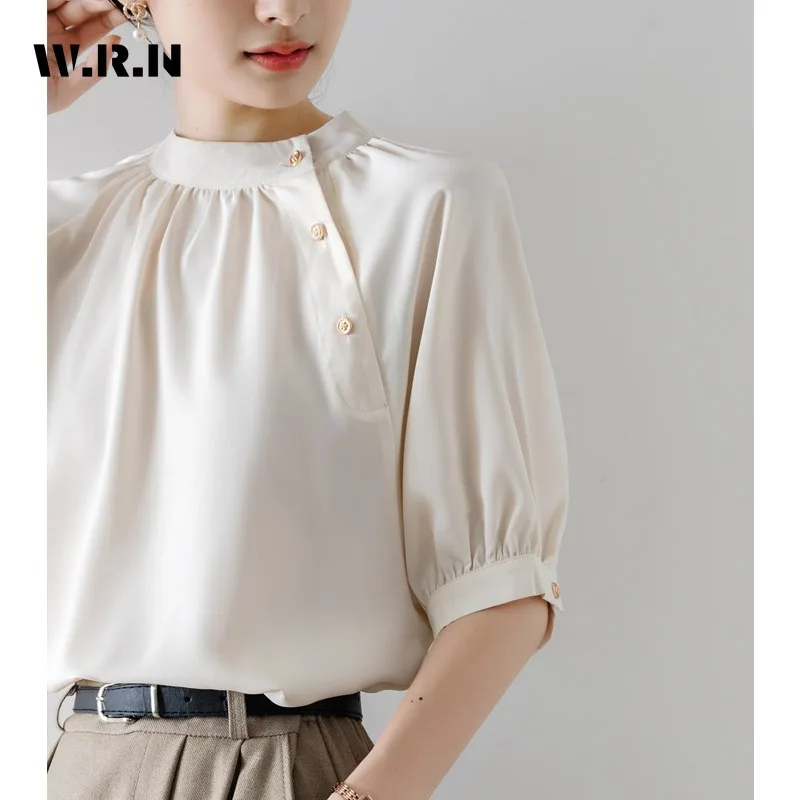 Casual Elegante Korte Mouw Ronde Hals Effen Kleur Luxe Shirts 2024 Zomer Dames Vintage Classic Office Lady Basics Blouse