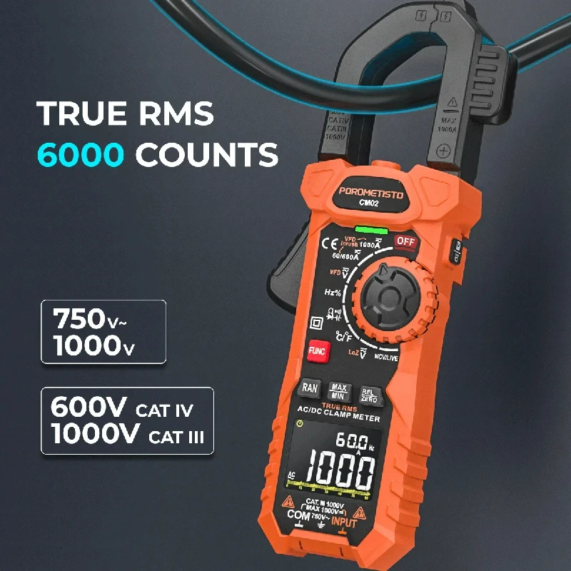 POROMETISTO CM02 Digital Clamp Meter AC/DC Current 1000A True RMS Multimeter High Precision Capacitance NCV Ohm Hz Test Ammeter