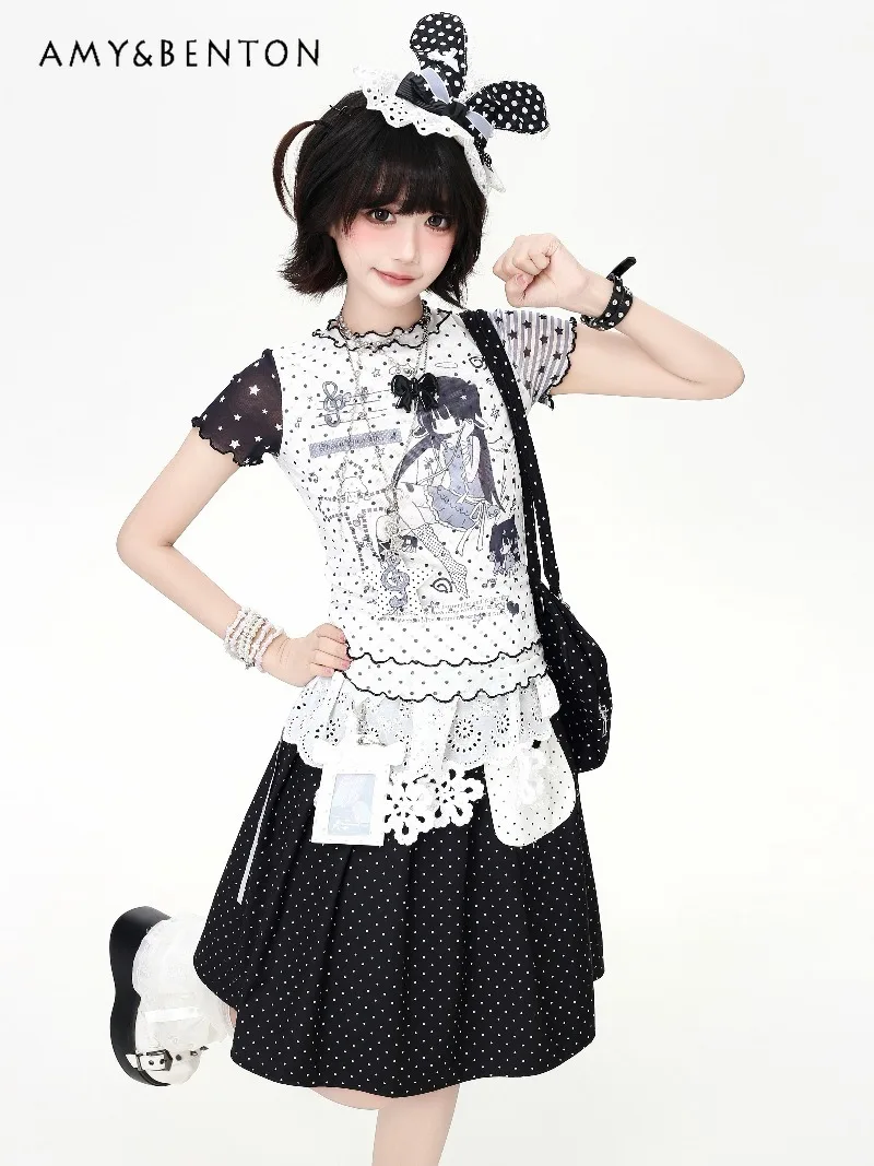 

Two-dimensional Mesh Fungus Edge Polka Dots Animation Printing Slim Thin Short-sleeved T Shirt Women Subculture Gothic Y2k Top
