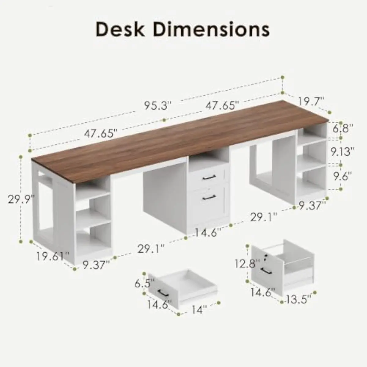 Farmhouse-inspired dual-user workstation measuring 95.3 inches wide with walnut and white engineered wood finish offering modern
