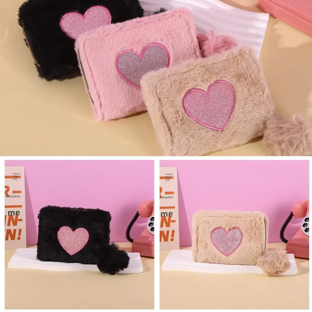 Women Mini Plush Embroidery Heart Short Wallet Coin Fluffy Pouch Holder Bag Clutch Credit Zipper Card Purse ID Mini Purse C G0Y9