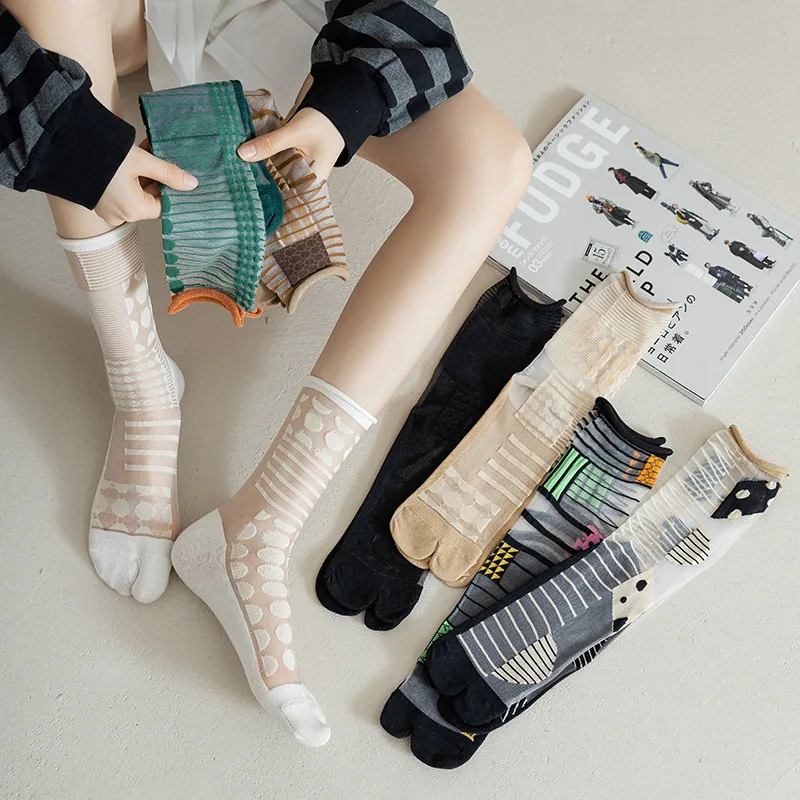 Ribbed White Thin Silk Tabi Socks Womens Summer Japanese Tabi Socks Ins Kimono Tabi Crew Socks Asymmetric Thin Mesh Hosiery