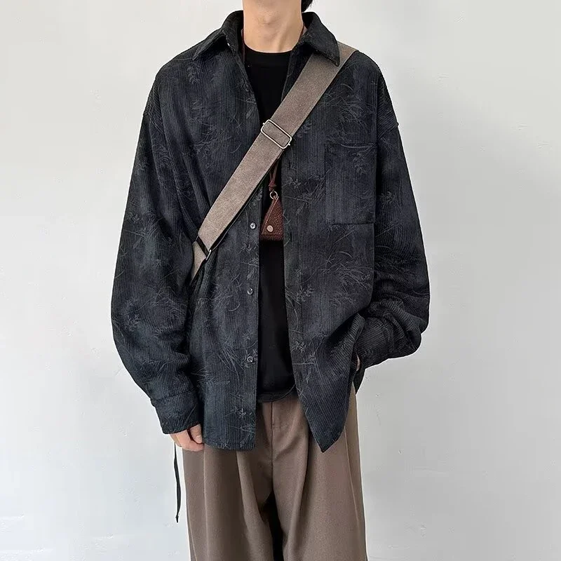 Camisas de manga larga de pana Jacquard para hombre, camisa estampada informal Vintage 2025, Y2K, moda Hip Hop, camisa masculina con botones, primavera