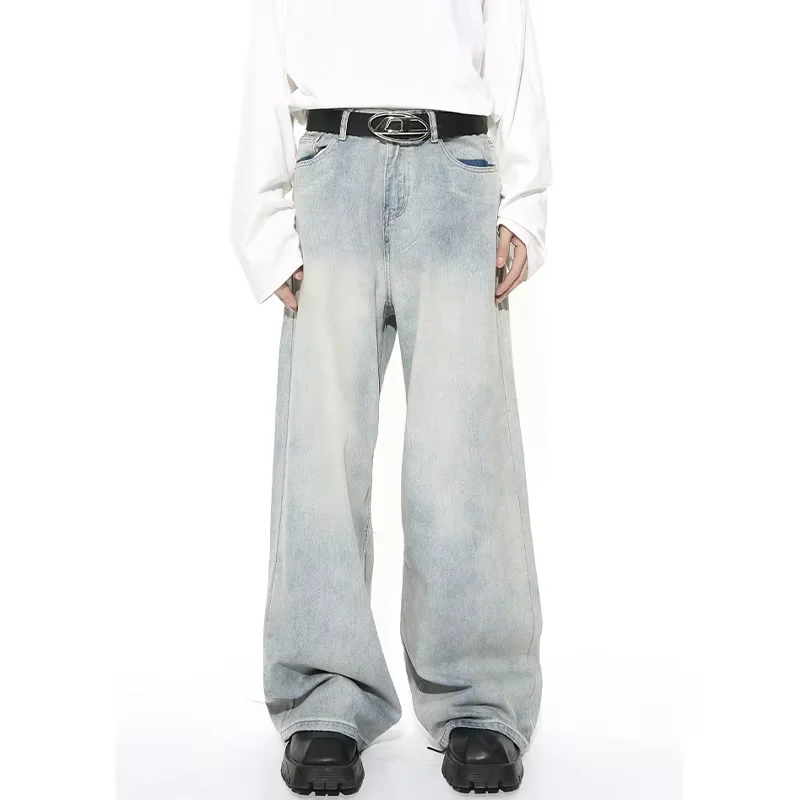 High Street Wear Boys New Color Light Blue Washed Straight Wide Leg Jean Trousers Men Loose Style Baggy Denim Pants