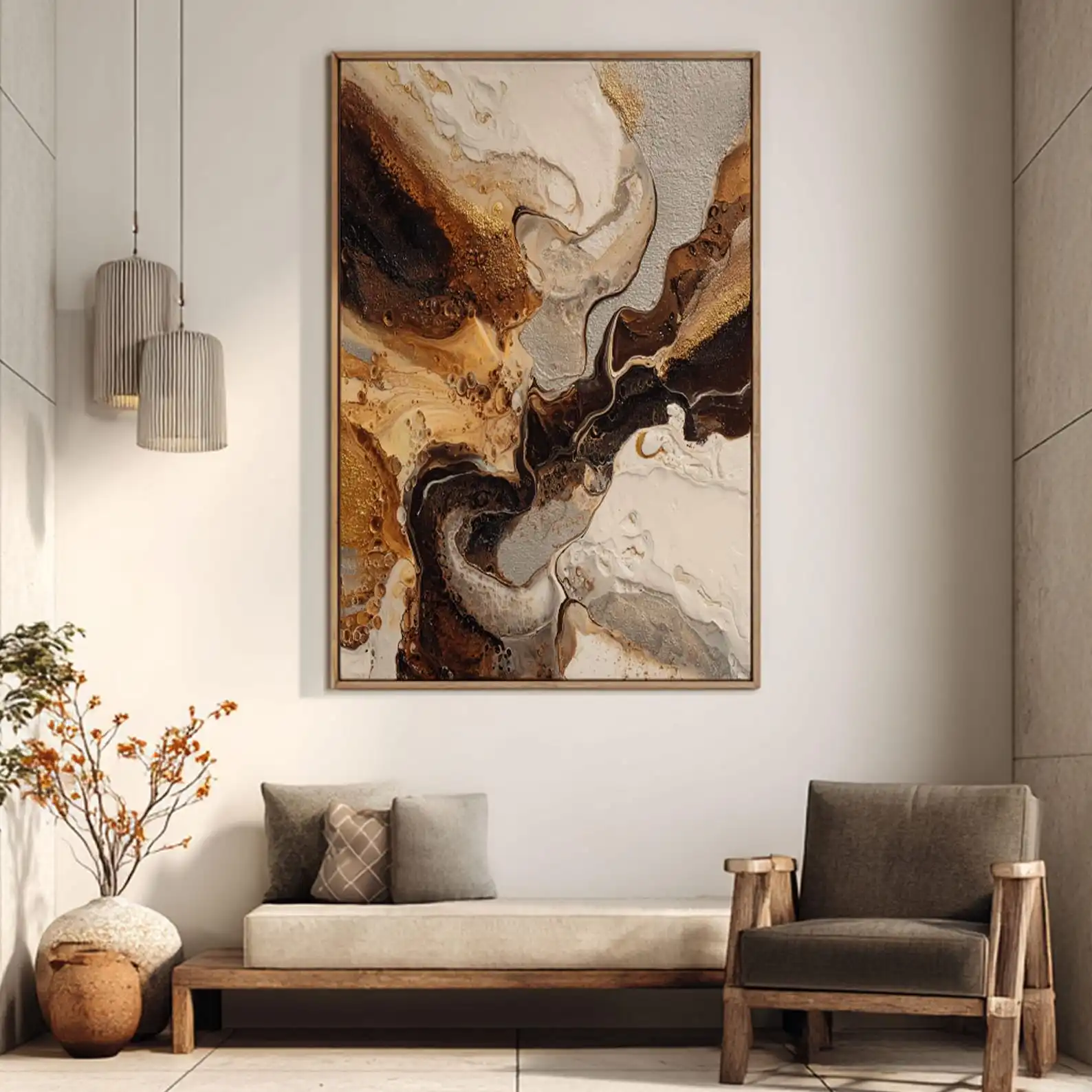 Mhemyo Marbling Gold River Large Abstract Hand Painted Oil Painting Metallic Texture Fluid Art Modern Wall Decor for Living Room