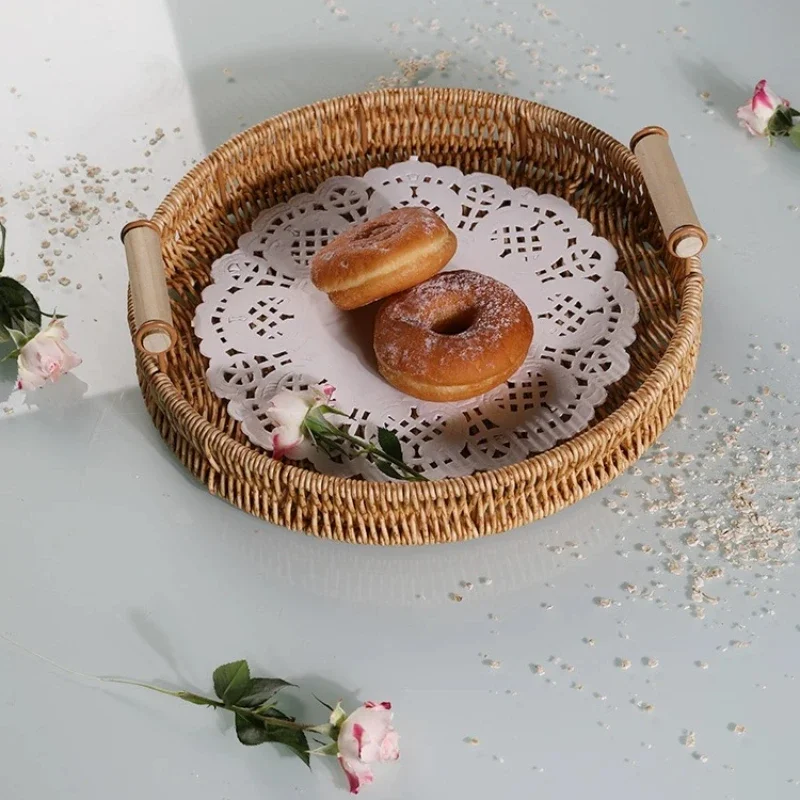 Japanese Natural Rattan Dessert Plate, Wooden Round Fruit Plate, Outdoor Camping Accessories, Trinket Dish Cute Plate