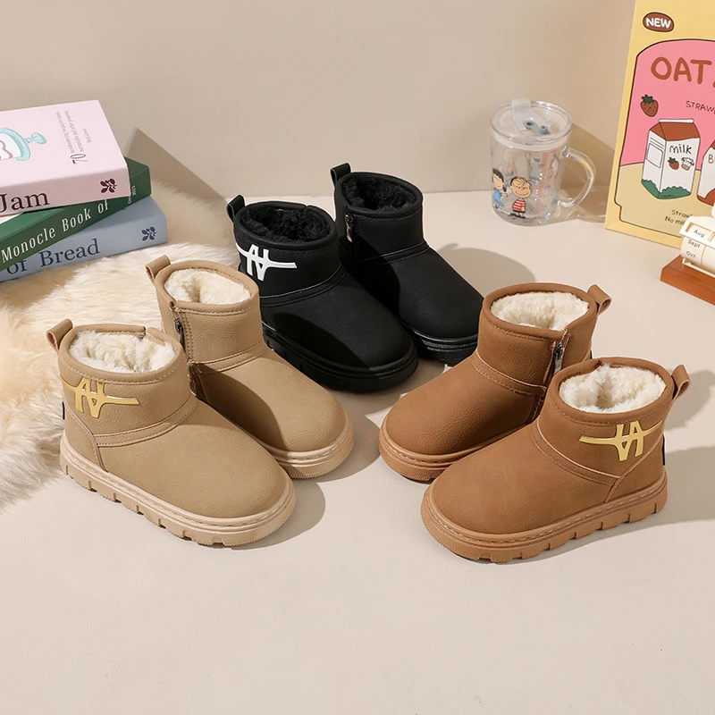 

Children Snow Boots Concise Style Plush Chunky Winter Kids Short Boot Solid Color Slip-on Unisex Classic Boys Girls Shoes 26-37