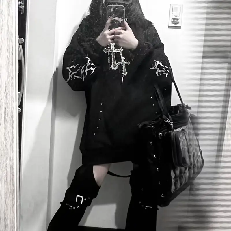 النمط الياباني Y2K ثقافة فرعية شيك بلوزات النساء القوطية الظلام الصليب طباعة الشارع فضفاض هوديس الخريف الشتاء ملابس كاجوال #4