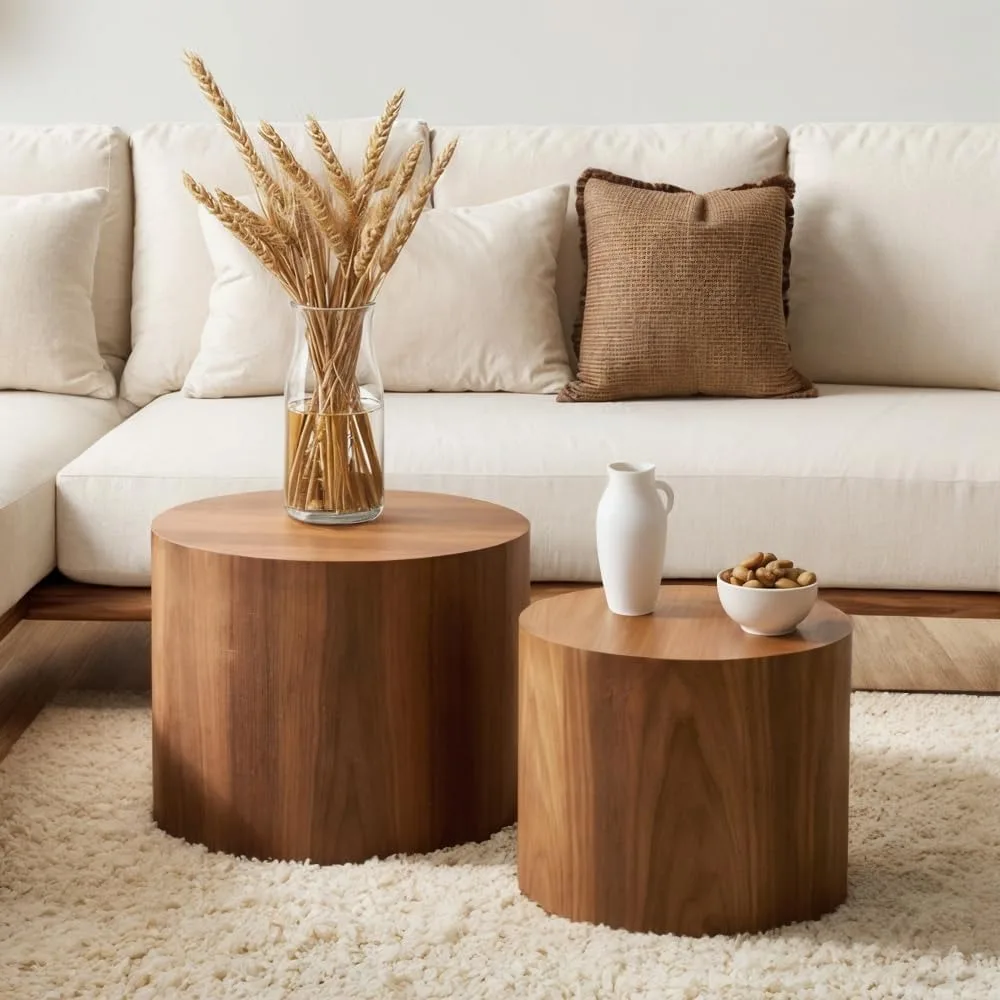 Nesting Coffee Table Set of 2, Modern Round Coffee Table with Non-Slip Feet, Walnut Wooden Circle Accent Tables for  Living Room