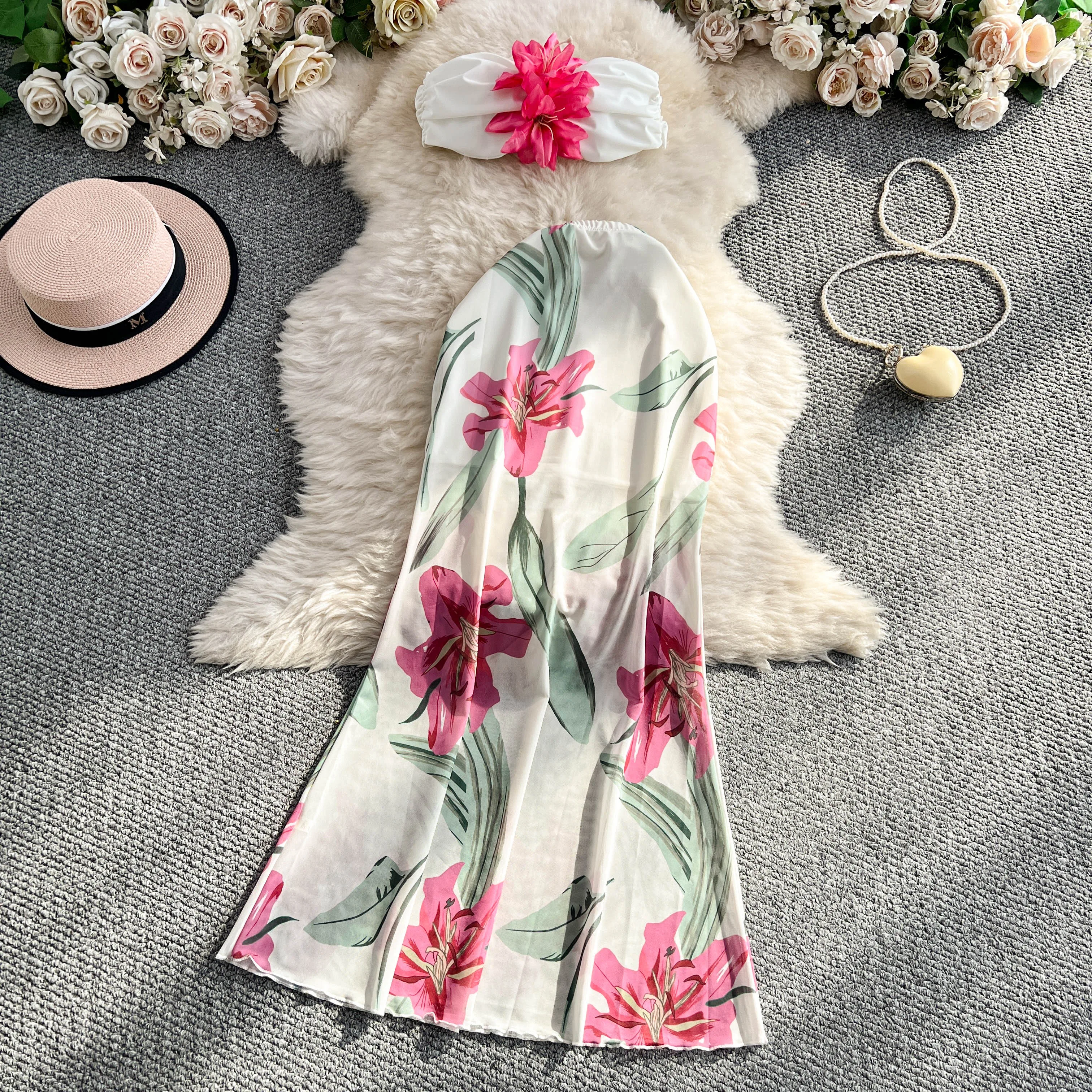 Ins Chic Y2K Trendy Tropisch Pak Dame Vrouwelijke Bloemenprint Set Strandvakantie 3D Bloem Top Hippe Rok Outfit Feest Nachtclub Set