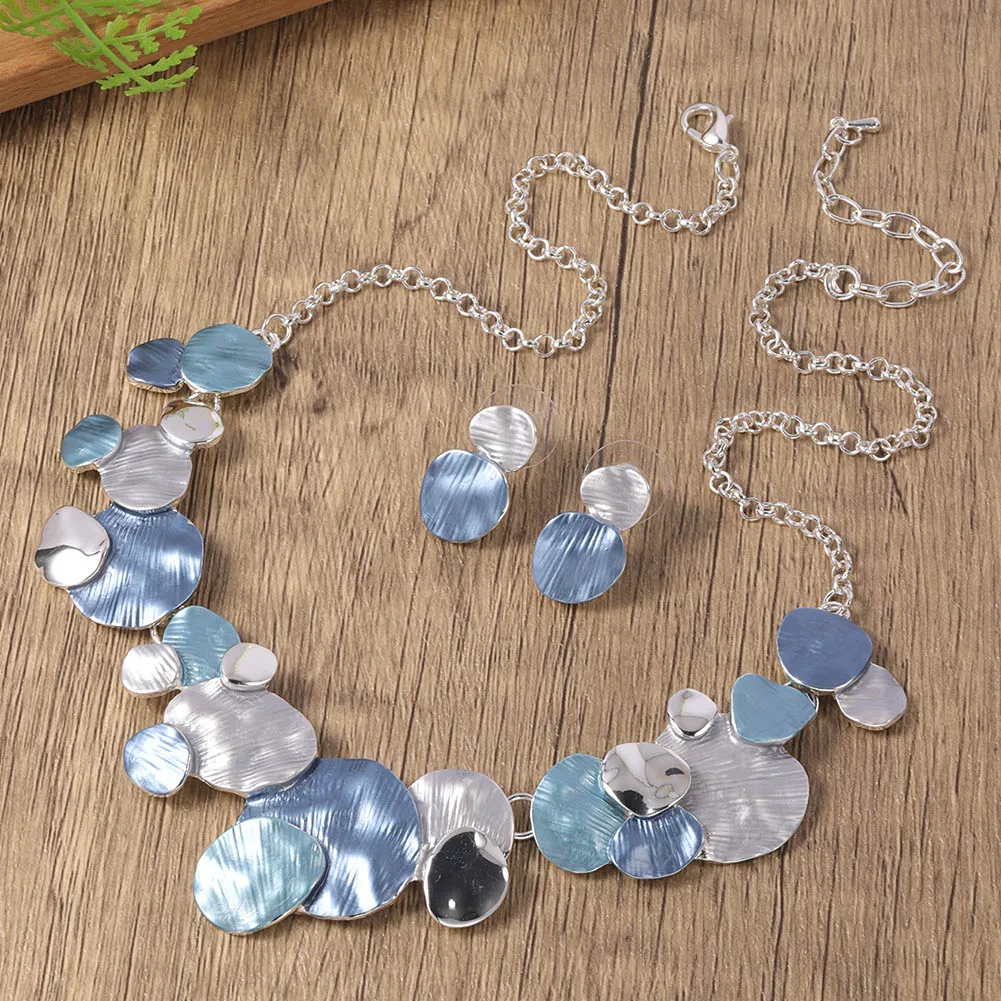 Women's Blue Enamel Geometric Necklace Set, Elegant Gift