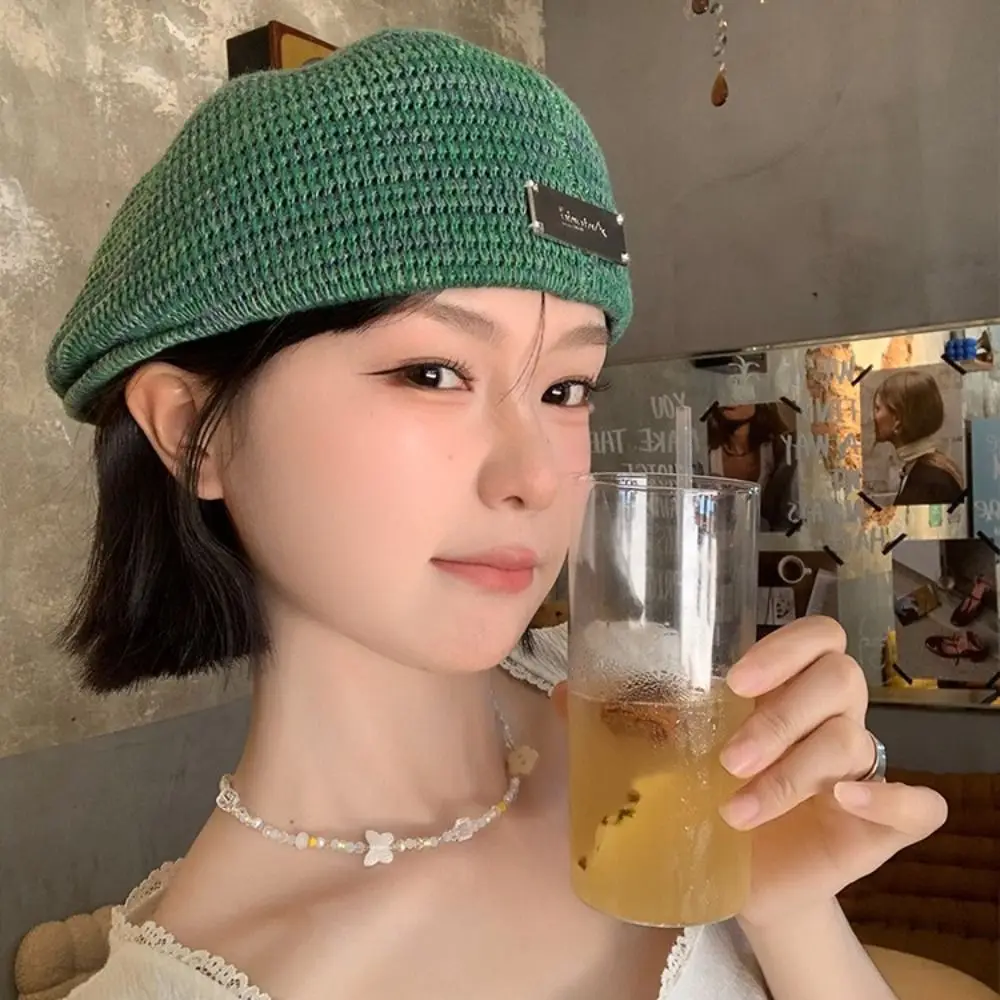 

Elegant Breathable Hollowed Out Beret Hat Vintage Japanese Style Weave Hat Thin Painter Hat Crochet Knitted Cap Spring