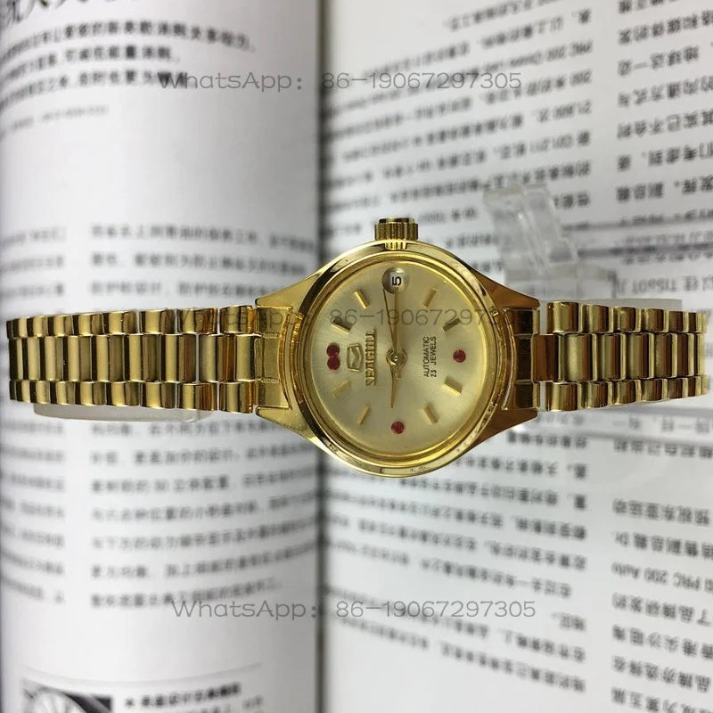 seagull-brand-oval-yellow-shell-strip-nail-red-diamond-surface-automatic-mechanical-women's-watch-diameter-25mm