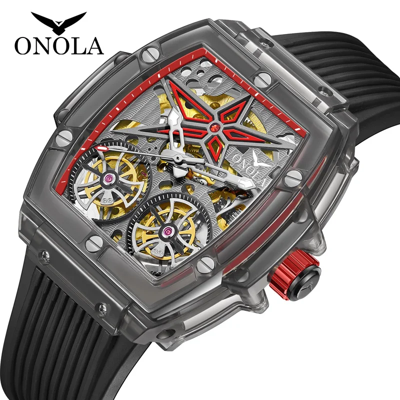 ONOLA Watch For Men Ladies Fashion Wristwatch Automatic Square Hollow Casual  Waterproof Transparency  Mechanic Watches