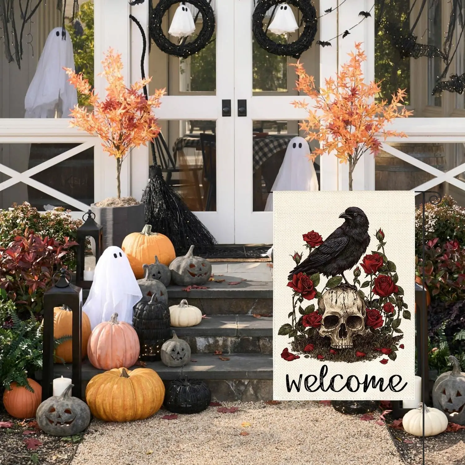 AVOIN colorlife Halloween Skull Rose Garden Flag 12x18 Inch for Outside | Double Sided, Weather & Fade Resistant, Yard O PPZ
