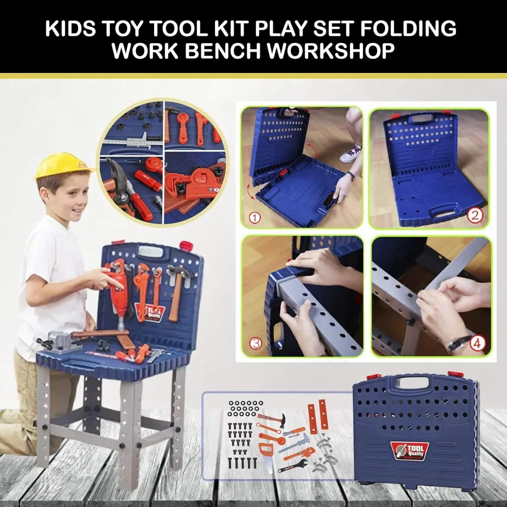 منضدة أدوات ألعاب للأطفال مع أدوات واقعية ومثقاب كهربائي للعب التظاهري ورشة عمل البناء أدوات بناء الجذعية #6