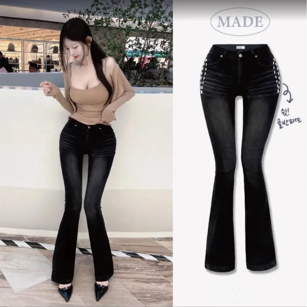 

Сексуальные расклешенные джинсы, женские боди в Корейском стиле, Dongdaemun, утягивающие универсальные джинсы с завышенной талией, модные эластичные джинсы с низкой талией...