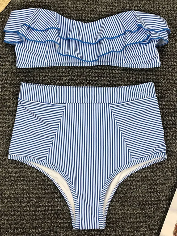 2024 Striped Top Ruffle High Waist Bikini Women Swimwear Female Swimsuit Two-pieces Bikini set Bandeau Bikinis Bathing Suit Swim