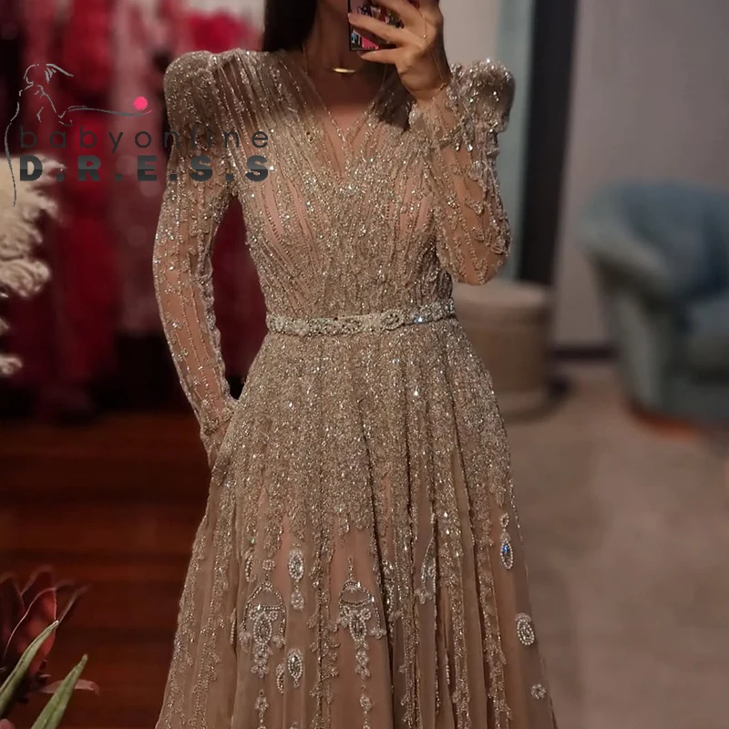 BABYONLINE Customized Full Sleeve Sparking Crystal Fully Beaded Luxury Saudi Bridal Aric Dubai Dresses Gown for Formal Occasion