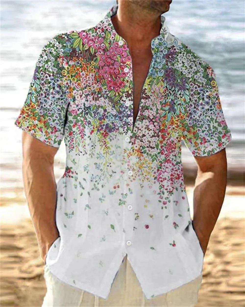 

2023 New Summer Men's High Quality Short Sleeve Single breasted Shirt Creative Flower Print Pattern Designer Casual Beach Top