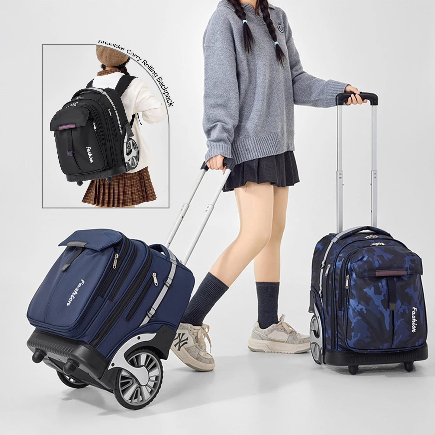 Large Capacity Wheeled Rolling Backpack Commute Boarding Travel to School Work Trolley Bag Universal Men Women Adults Students